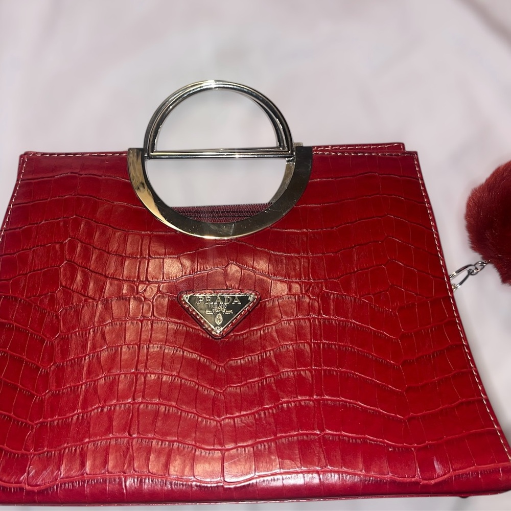 Prada Red Croc-Embossed Clutch with Silver Handle